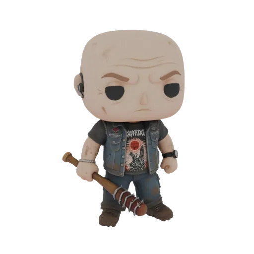 3D model of a bald punk character in Funko Pop style, wearing a denim vest and holding a spiked baseball bat.