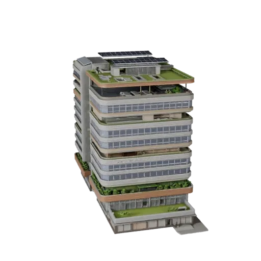 Sustainable Office Building high poly 3D model, close-up architectural render view, showing commercial office building materials and architectural detail