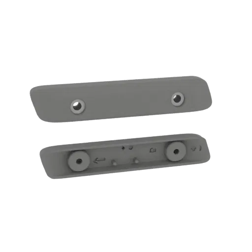 3D render of a gray rectangular bracket with two screw holes on top and mounting details on the bottom, against a black backg