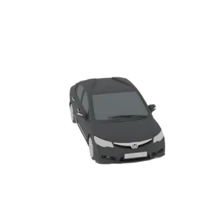 A 3D model of a dark gray sedan with a custom license plate, viewed from a slightly elevated front-right angle.