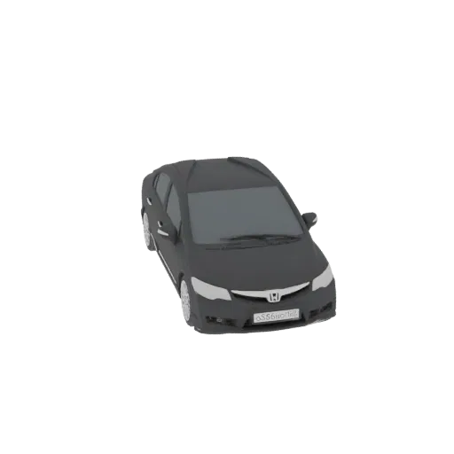 A 3D model of a dark gray sedan with a custom license plate, viewed from a slightly elevated front-right angle.