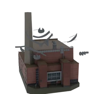 3D model of a red brick industrial factory building with a tall chimney and various pipes and vents on the roof.