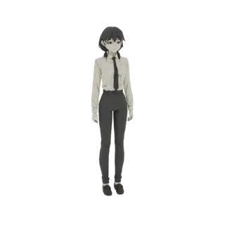 3D model of an anime schoolgirl wearing a white collared shirt, black tie, and grey trousers, standing with her hands at her