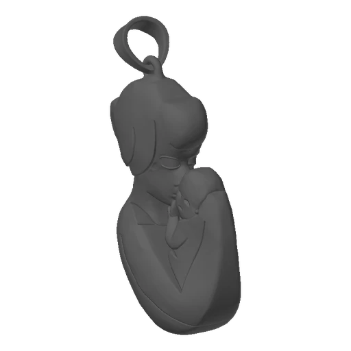 3D model render of a mother tenderly embracing her child, designed as a pendant with a loop at the top.
