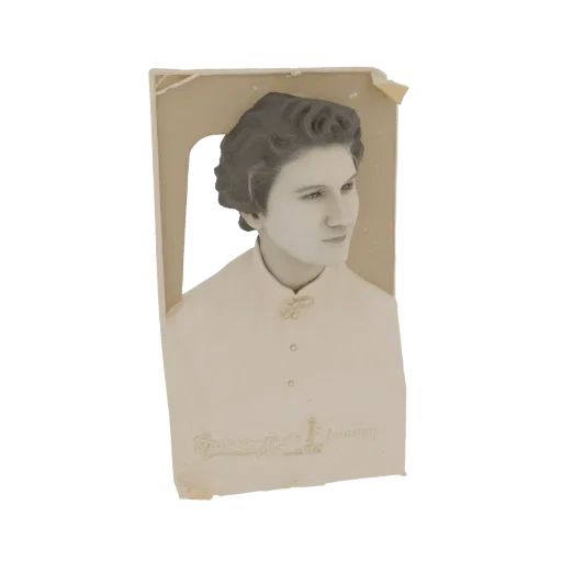 3D model of a vintage woman's portrait with styled hair and a sepia tone, looking to the side.
