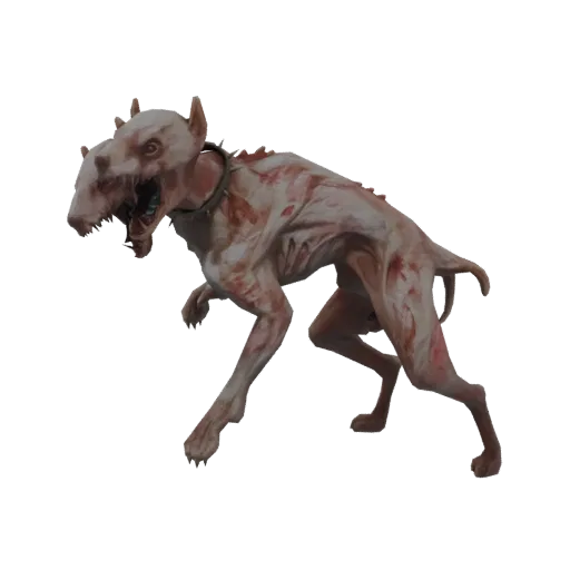 A detailed 3D model of a grotesque, two-headed mutant dog with pale, bloody skin and snarling mouths, set against a white bac