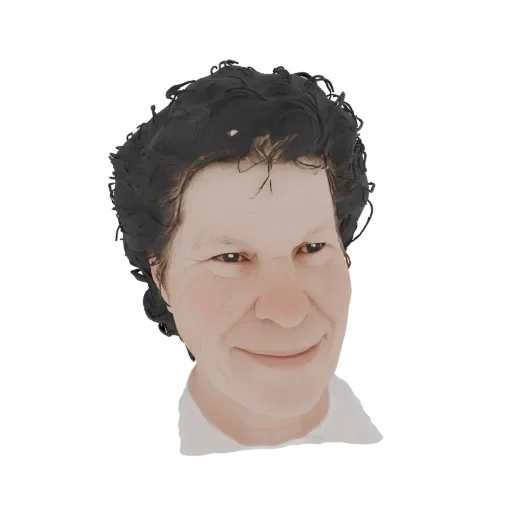 3D model render of a stylized man with dark curly hair and a warm smile, wearing a white shirt.