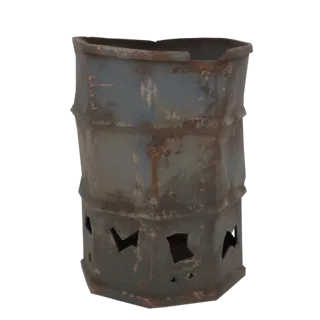 Ein 3D-Rendering einer beschädigten blauen Metalltonne mit sichtbarem Rost und zackigen Löchern an der Basis, vor einem weiße