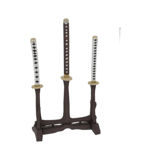3D model of a desk stand for three katanas, designed in an organic style reminiscent of Star Wars.