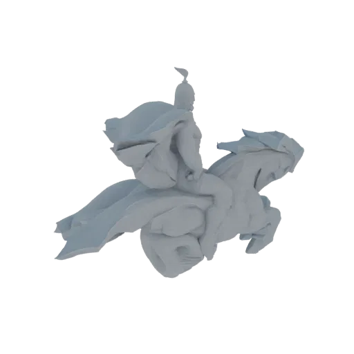 3D model of a warrior in a helmet and armor riding a horse, with a large cape flowing behind them.