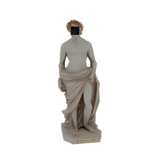 3D model of a classical Greek statue with draped fabric and a black square obscuring its face, set against a black background