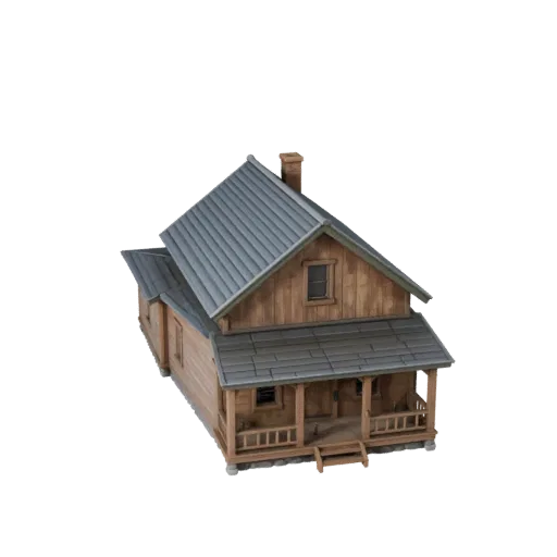 Farmhouse stylized 3D model, isometric stylized game environment view, showing residential building materials and architectural detail