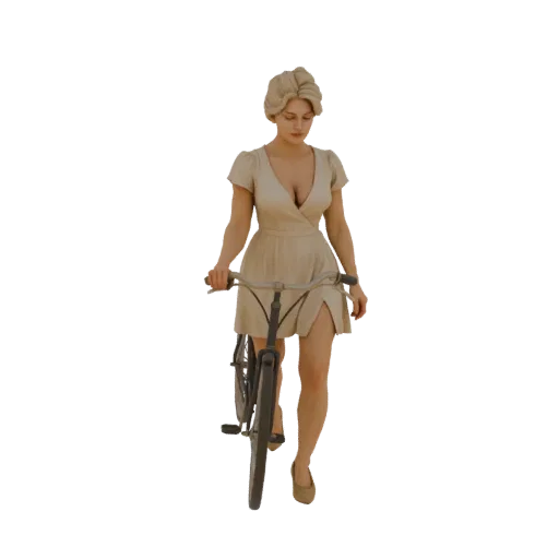 3D model of a woman in an elegant dress holding a bicycle, rendered with realistic detail.