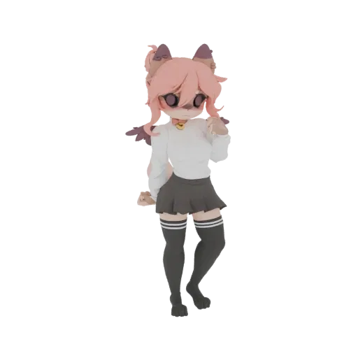 3D-Modell eines süßen Katzenmädchens mit pinken Haaren, weißem Pullover und grauem Rock in verspielter Pose.