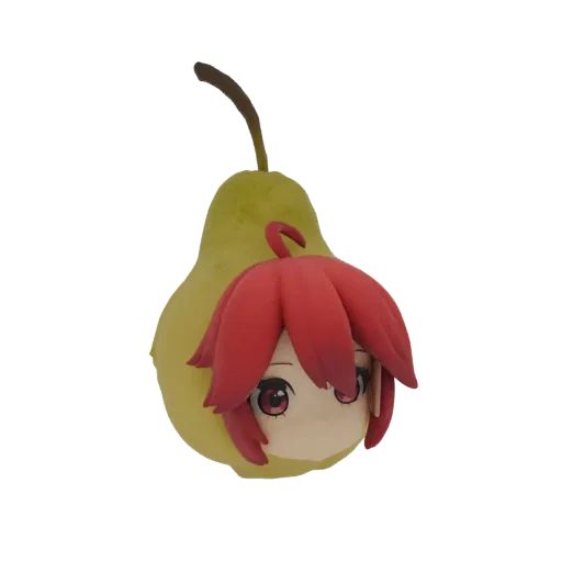 Renderização 3D da cabeça de uma garota anime chibi fofa com cabelo vermelho espreitando do topo de uma pera verde.