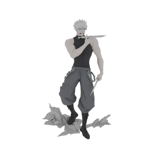 3D model of an anime swordsman with white hair, playing a flute and holding a sword, standing on a rocky base.
