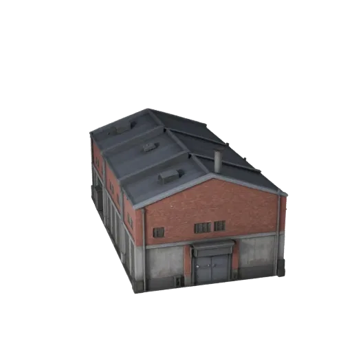 Factory Building Unreal Engine-ready 3D model, Unreal Engine viewport, showing industrial building materials and architectural detail