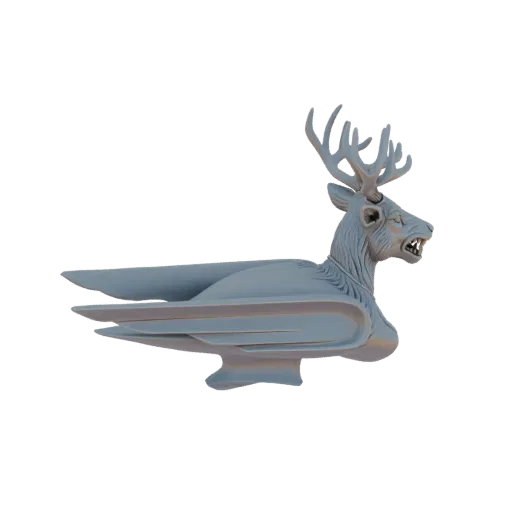 3D model of a winged stag with detailed antlers and a fierce expression, presented against a black background.