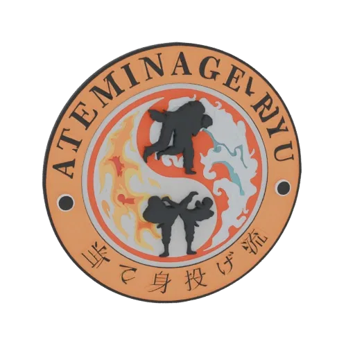 3D model of a martial arts emblem with a Yin Yang symbol, featuring combat figures, fire, and water elements, and Japanese te