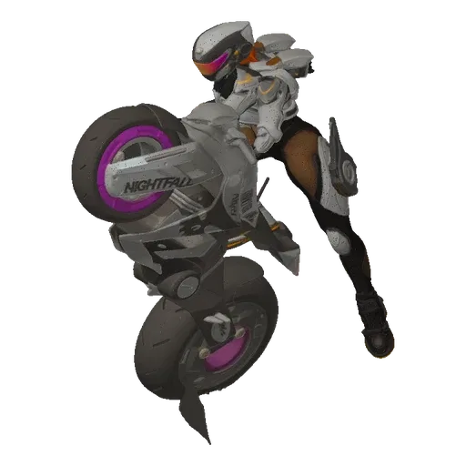 3D model of a cyberpunk rider in a white and orange suit performing a wheelie on a futuristic hoverbike with purple accents.