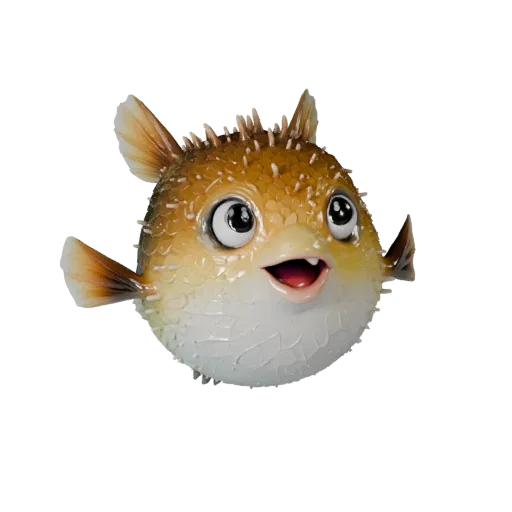 Cartoon Kugelfisch 3D-Modell, Seitenansicht Wildtier-Rendering, stilisiertes Tier-Asset mit Unterwasser-Haut-Reaktion, Flosse