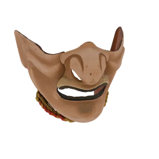 3D model of a traditional Japanese Oni mask with a fierce expression, sharp teeth, and red and gold braided cord.