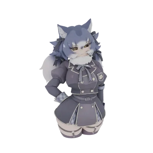 3D model of an anime wolf girl wearing a dark uniform with a pleated skirt and bow tie, featuring fluffy ears and tail.
