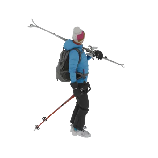 3D model of a skier in a blue jacket and black pants, carrying skis and poles over their shoulder, set against a black backgr