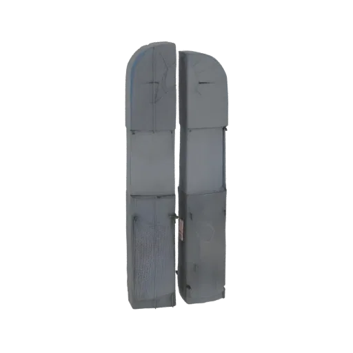 3D model render of a modern double door with arched tops, presented in a neutral gray finish against a black background.