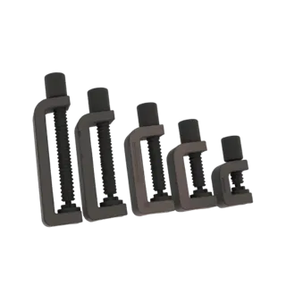 A 3D render of five metallic adjustable C-clamps of varying sizes arranged in a row.