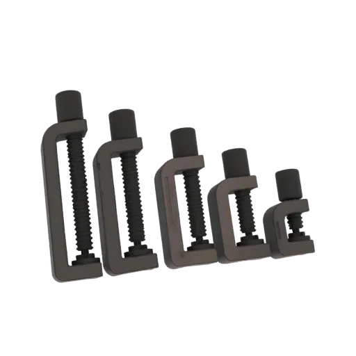A 3D render of five metallic adjustable C-clamps of varying sizes arranged in a row.