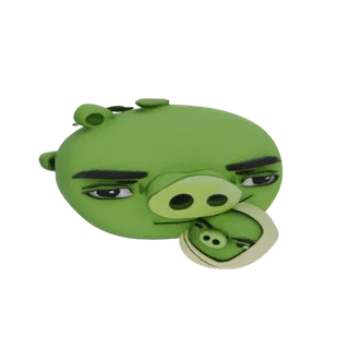 Modello 3D di un personaggio maiale verde con espressione compiaciuta, che tiene un suinetto più piccolo tra le braccia.