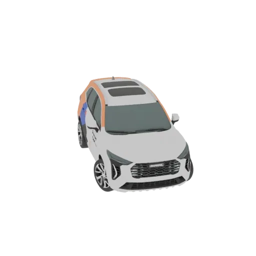 Modelo 3D SUV crossover moderno blanco con acentos naranja y azul, visto frontal-tres-cuartos sobre fondo negro.