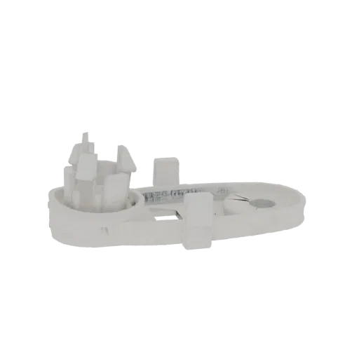 3D model of a white plastic cable management clip with multiple prongs and a circular channel for organizing wires.