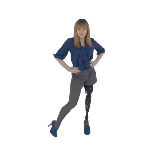 Modelo 3D de mulher com prótese de perna, vestindo blusa azul e shorts cinza, posando com confiança.