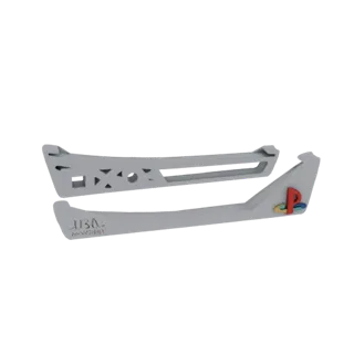 3D model of two custom PlayStation 5 side panels, one with geometric cutouts and the other with the PlayStation logo.