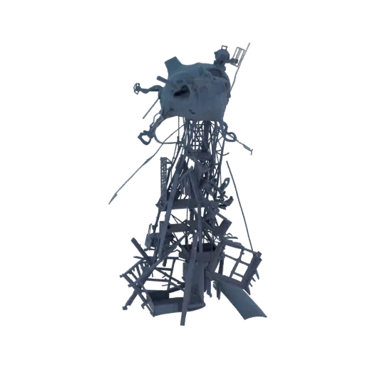 3D model of a deconstructed tower sculpture with fragmented beams and abstract shapes, rendered in a monochromatic style.