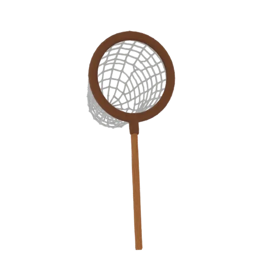 A 3D model of a classic butterfly net with a brown wooden handle and a white mesh net.