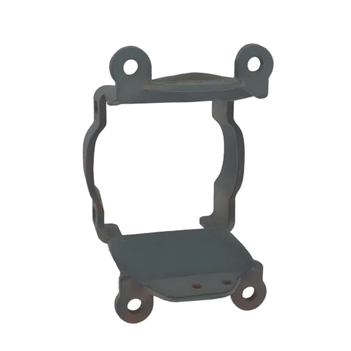 3D-Modell-Rendering einer metallischen industriellen Halterung mit Befestigungslöchern und verstärkten Kanten, präsentiert au