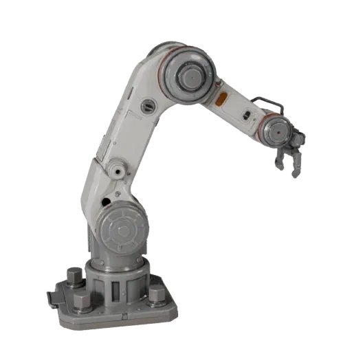 Research Robot Arm Stylized 3D model, stylized isometric render, showing metal frames, robot form.