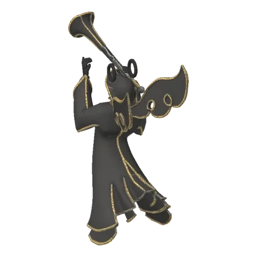 3D model of a dark angel with gold trim, holding a trumpet and with wings spread, against a black background.