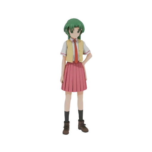 3D model render of an anime schoolgirl with green hair, wearing a pink pleated skirt and a yellow vest.