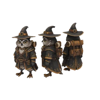 Modelo 3D de un búho mago sabio con sombrero puntiagudo y mochila, mostrado desde varios ángulos.