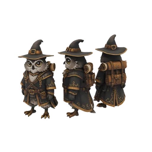 3D model of a wise owl wizard wearing a pointed hat and a backpack, shown from multiple angles.