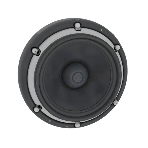 Modelo 3D de alto-falante automotivo de 20 cm, vista frontal, com cone preto e aro prateado