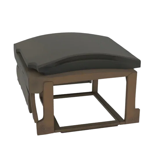 3D model of a modern coffee table with a dark, curved top and a minimalist wooden base, set against a black background.