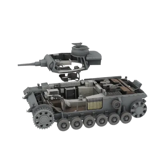 3D model of a cutaway tank, showing the detailed interior with engine, ammunition, and crew compartments.