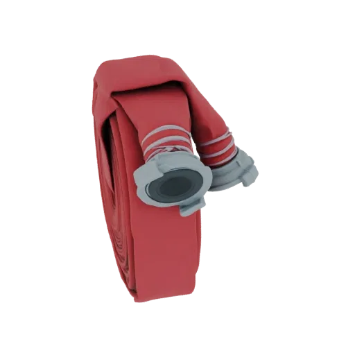 Un rendering 3D di una manichetta antincendio rossa arrotolata con raccordi grigi, presentata su uno sfondo bianco.