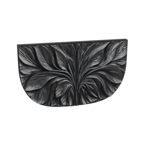 3D model of a semicircular wall decor with intricate Art Nouveau leaf patterns, rendered in a dark, metallic finish.