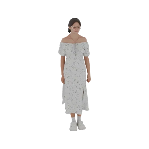 3D model of a young woman with glasses, wearing a white floral off-shoulder dress and white clogs, standing against a white b